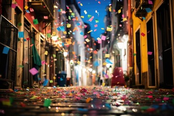 Obraz premium colorful confetti on carnival fallen on street
