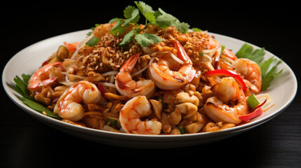 Pad tai with shrimps on a white plate on a dark background. Food concept.