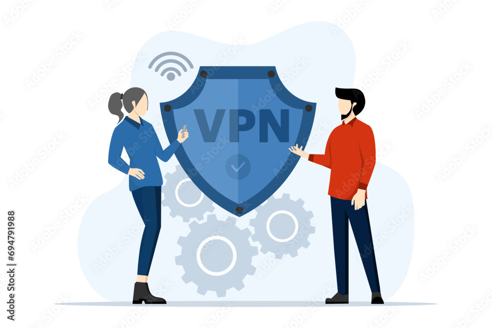 Wall mural Virtual Private Network Concept. VPN service on laptop. data protection, remote servers, cyber security, secure web traffic. Modern flat cartoon style. Vector illustration on white background.