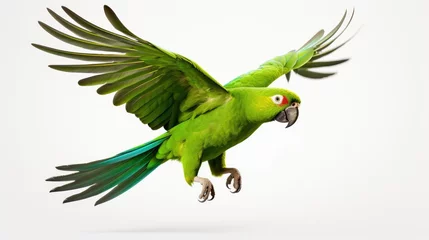 Raamstickers whimsy of a hilarious green parrot with vibrant feathers, striking funny poses on a clean white studio background. © pvl0707