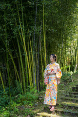 Woman wear yellow kimono in the bamboo forest