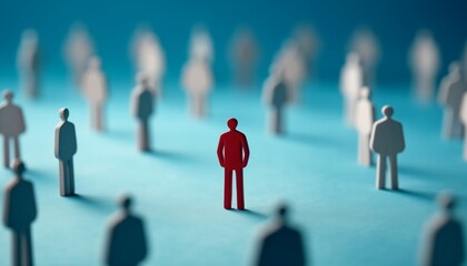 A red human figure standing among the white figures. Concept of leadership, success, unique, winner, social distancing and new normal