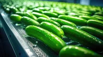 Lots of Fresh cucumber on conveyor belt plant. Processing, quality control and packaging of fresh cucumbers. Selected vegetables, food industry. - obrazy, fototapety, plakaty