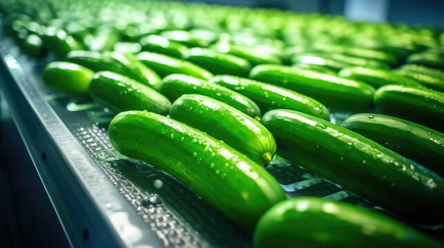 Lots of Fresh cucumber on conveyor belt plant. Processing, quality control and packaging of fresh cucumbers. Selected vegetables, food industry.
