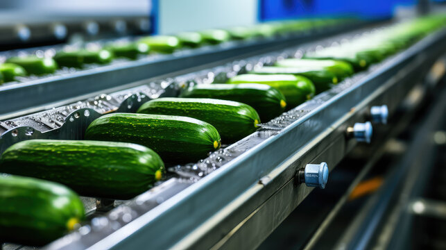 Lots of Fresh green cucumber on conveyor belt plant. Processing, quality control and packaging of fresh cucumbers. Selected vegetables, food industry.