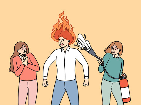 Aggressive man with flame on head stands near frightened colleagues with fire extinguisher. Aggressive manager needs training in self-control, for concept of inappropriate boss behavior