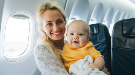 Young European smiling mother holding her infant baby sitting in an airplane cabin. Air travel with newborn baby, relaxing vacation with kids.