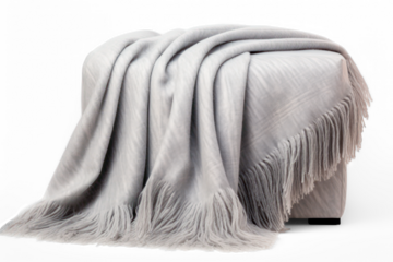 folded warm grey wool  plaid blanket on a ottoman,  isolated cutout object with shadow on transparent background