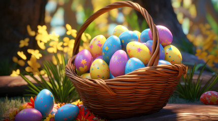 Basket with colorful painted Easter eggs, with tulips, card background