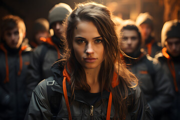 Portrait of beautiful young woman in a hooded jacket on cinematic background. Fitness woman in sportswear looking at camera.Ai
 - Powered by Adobe