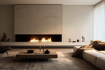 minimal fireplace with flames in fancy modern living room interior with beige walls and panoramic windows - obrazy, fototapety, plakaty