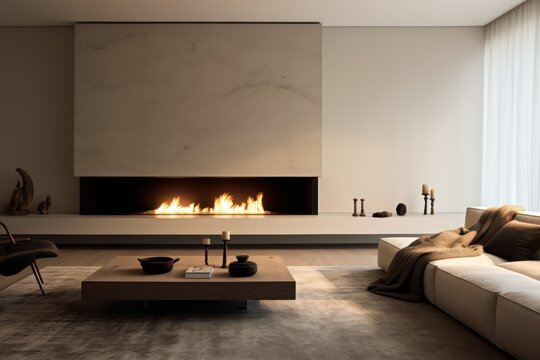 minimal fireplace with flames in fancy modern living room interior with beige walls and panoramic windows