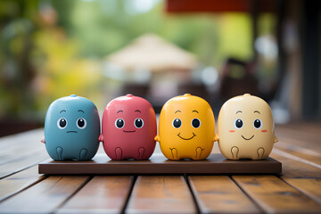 Different colored cute Smiley toys in a wooden table, in the style of rounded shapes.Ai