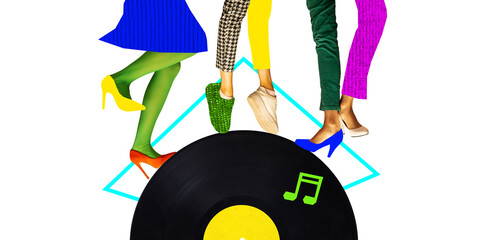 Poster. Contemporary art collage. Female and male legs wearing old fashioned clothes dancing on retro music plate. Comparisons of eras.