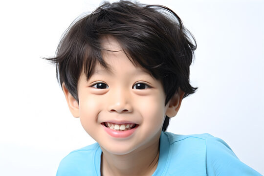 Happy little asian boy smiling and looking at camera isolated on white background