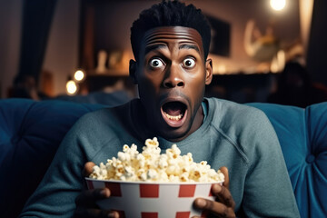 Concentrated african american man with popcorn in hands watching tv at home
