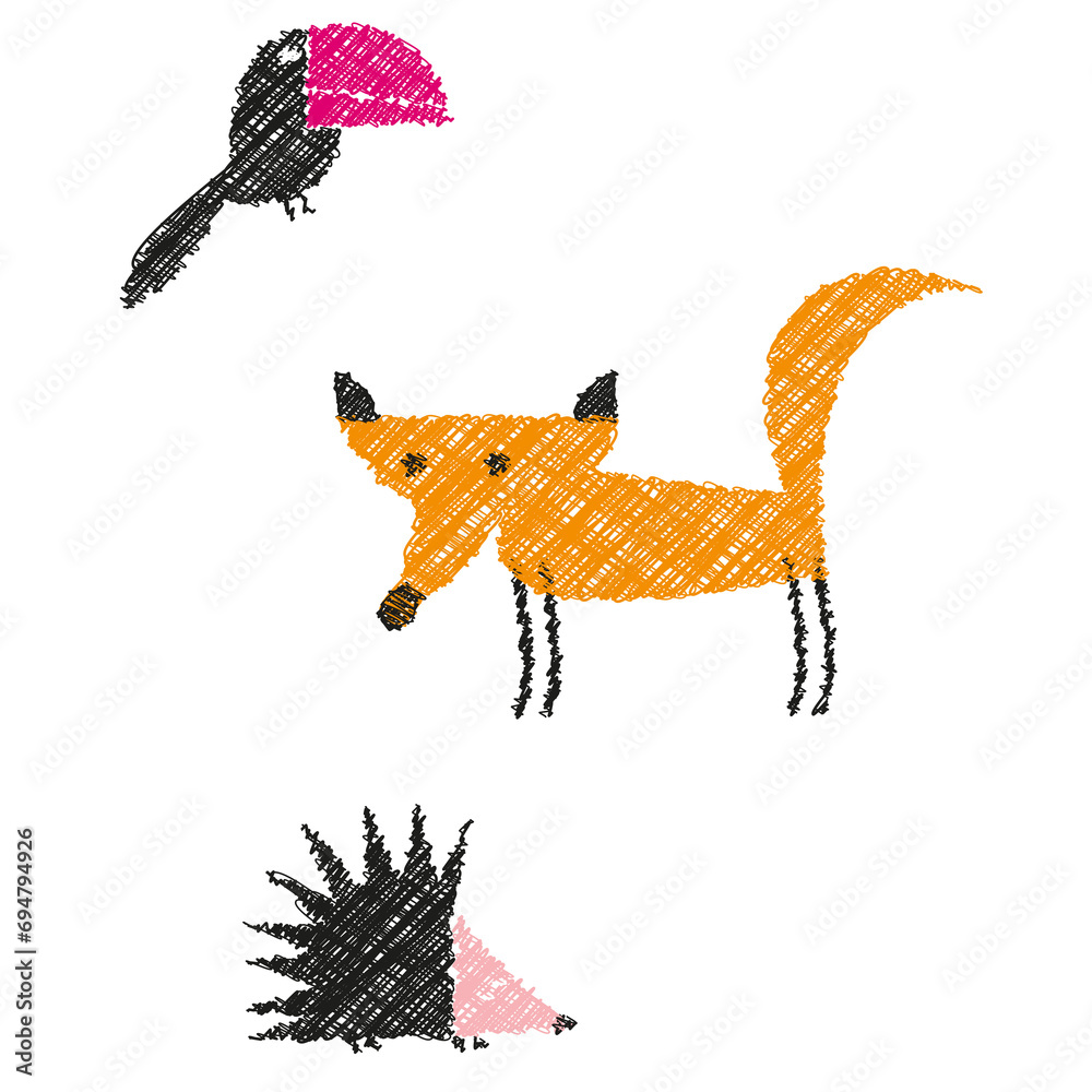 Poster doodle illustration of fox bird and hedgehog