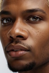Close-up of the head, the face of a portert handsome African-American blond man with short dreadlocks looking directly into the camera. Model, care, beauty, fashion concepts.