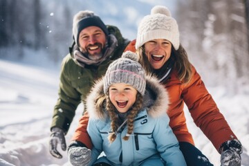 Playful family tobogganing down a snowy hill together, dynamic winter bonding - obrazy, fototapety, plakaty