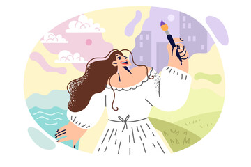 Woman artist paints world around herself, holding brush and standing near beautiful nature and city