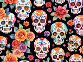 Watercolor Illustration Of Colorful Dia De Los Muertos Sugar Skull Pattern.