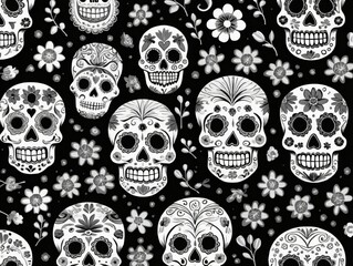 Black And White Mexican Folk Art-Inspired Sugar Skull Pattern.