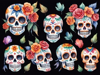 Watercolor Illustration Of Mexican Day Of The Dead Skull Set.