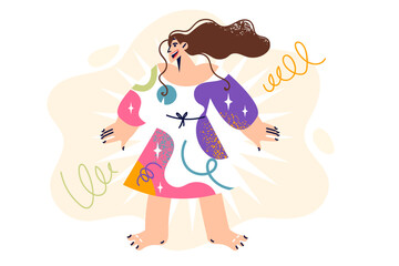 Joy woman in multi-colored dress smiles, emitting glow and positive emotions or bliss
