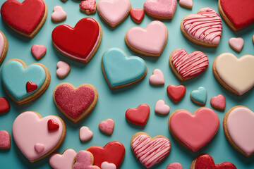 Obraz premium Heart shaped cookies. Delicious sweets for Valentine's Day, Women's Day, Mother's Day, Birthday & more. Generative AI.