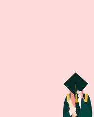 Hijab graduation vector illustration. Muslim girl graduate illustration covering her face with a graduation cap and holding her diploma in other hand, copy space - obrazy, fototapety, plakaty
