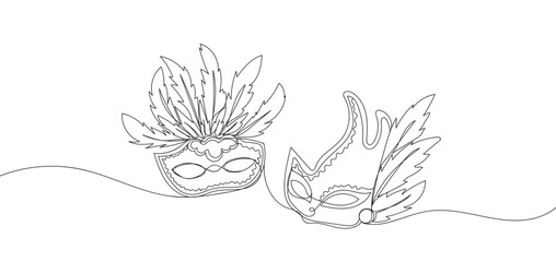 Carnival mask continuous line drawing. Festive two masks outline. Continuous one line drawing of Mardi Gras Carnival mask. © Helen