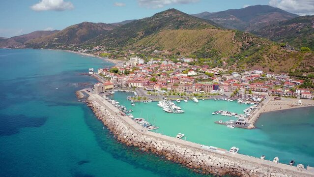 4k drone forward video (Ultra High Definition) of Acciaroli port. Wonderful outdoor scene of Mediterranean coast of Italy, Euripe. Traveling concept background.