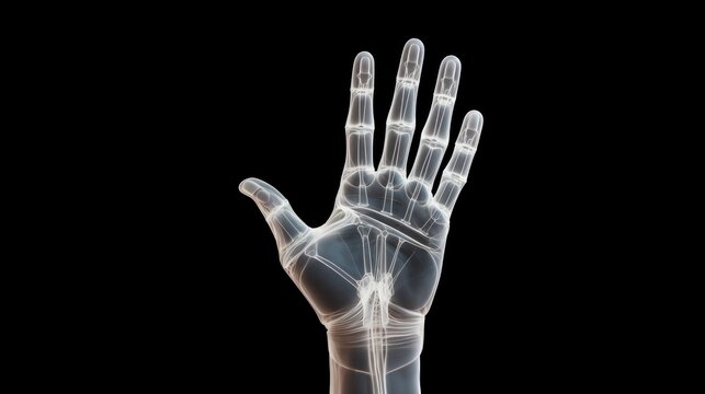 See the hand's anatomy! Our X-ray image on a black background offers a striking view of skeletal details.