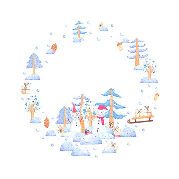 Hand drawn watercolor winter new year forest with snowmen wreath border. Fairy illustration isolated on white background. Can be used for label, postcard, and other printed products.