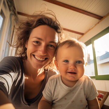 Portrait of young happy mother and her toddler boy son making selfie with smartphone while having fun together at home.
