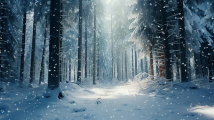 Fototapeta premium Delicate snowfall in a peaceful winter forest setting, captured in high definition by an HD camera, providing a serene and breathtaking natural scene