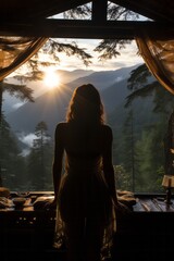 Lady's silhouette surrounded by the radiance of the sun through a cozy cabin window, Generative AI