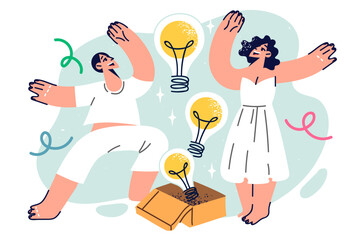 Victory dance of people who invented new brilliant ideas around box with flying light bulbs