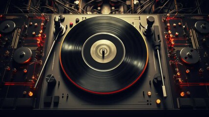 future style music dj turntables and audio control with cyberpunk city skyline