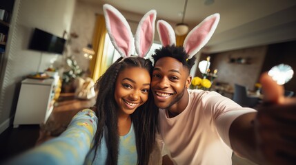 Capture joy together! Our young African American couple, wearing cute Easter bunny ears, takes a festive selfie in the house. - Powered by Adobe