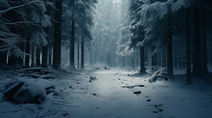 Naklejka premium Experience the tranquility of a winter forest adorned with softly falling snow, expertly photographed with an HD camera for a realistic and atmospheric image