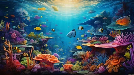 Poster Im Rahmen A captivating underwater scene with vibrant coral reefs, featuring an array of exotic and colorful fish swimming gracefully. © UMAR_ART