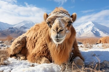 A camel in the snow on the background of snow-capped mountains