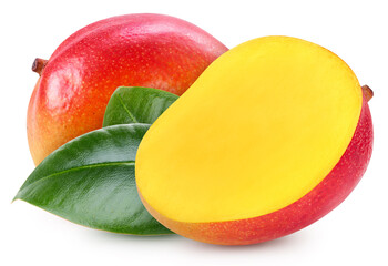 Fresh organic mango with leaves isolated on white background