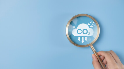Co2 reduction concept. Problem of carbon dioxide and CO2 emissions for the environment. Emission carbon reduce to zero. Carbon footprint and carbon credit to limit global warming from climate change. - obrazy, fototapety, plakaty