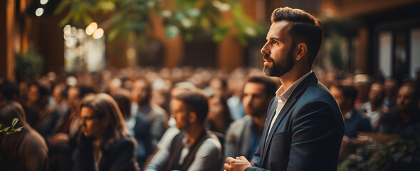 a man giving a presentation at a business lecture meeting.Speaker giving a talk on corporate business conference. Unrecognizable people in audience at conference hall. Business and Entrepreneurship.Ai - obrazy, fototapety, plakaty