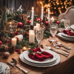 A festive Christmas table with decorations, plates, candles, and glasses&mdash;a perfect setup for a joyous dinner on Christmas and New Year's