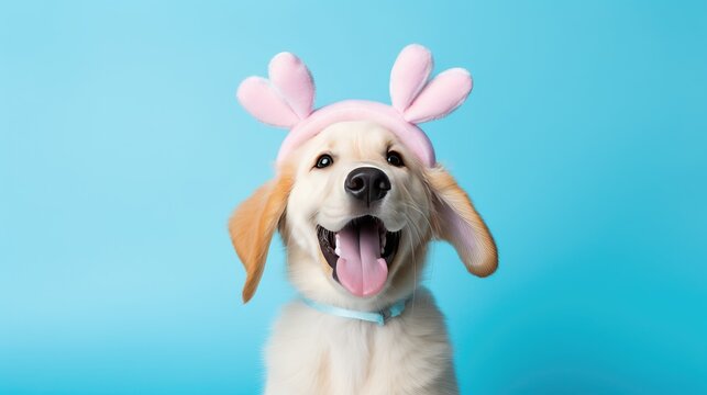 Festive canine joy! Our Golden Retriever wears bunny ears, celebrating Easter on a blue background.