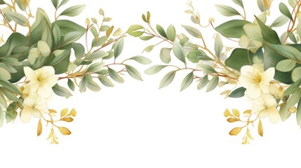 The workspace is decorated with green eucalyptus leaves, floral pattern on a white background. The apartment lay, top view. Floral frame. Frame of flowers.
