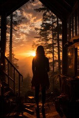 Fototapeta premium Woman's silhouette in the embrace of the sun's rays in a tranquil cabin setting, Generative AI